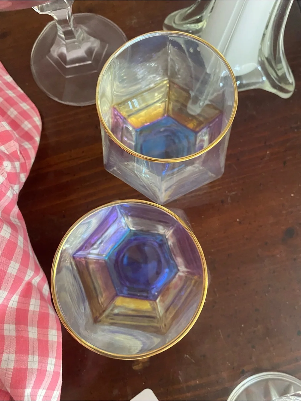 Set of 2 Iridescent Geometric Diamond Tumblers / Stemless Wine Glasses